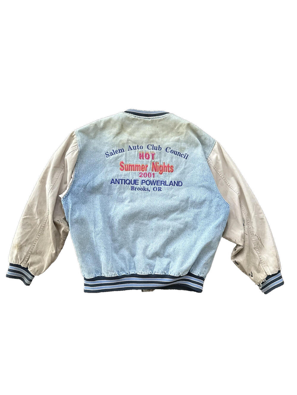 Vintage Oregon 90s Denim Varsity Jacket Bomber Salem Auto NASCAR Racing Thrashed